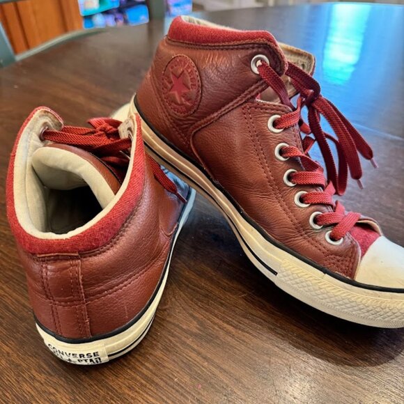 Converse Chuck Taylor AllStar Mid Top Leather Shoe Red Burgundy  Womans 9 - Picture 1 of 10